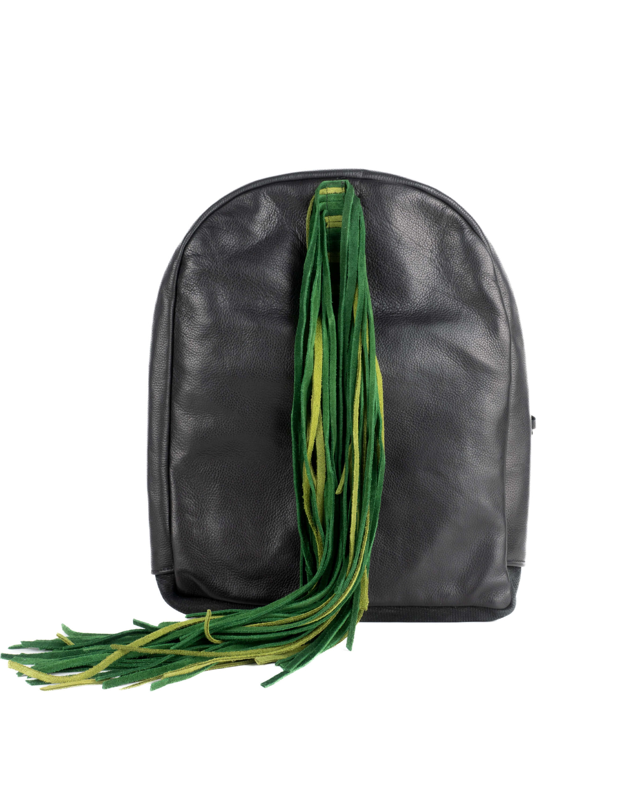 Rucsac din Piele Neagră cu Franjuri Verzi