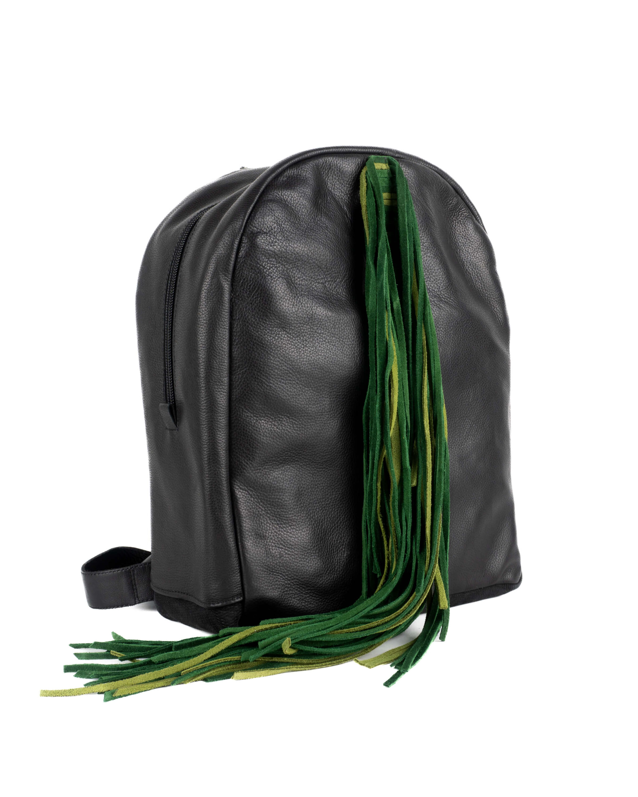 Rucsac din Piele Neagră cu Franjuri Verzi