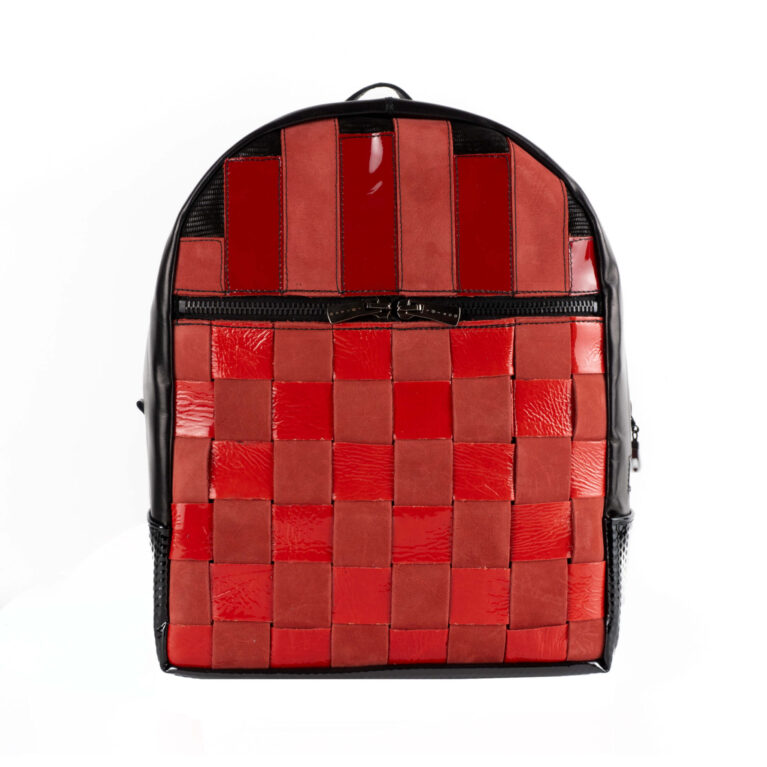 Rucsac de Piele Negru cu Piele Roșie Împletită