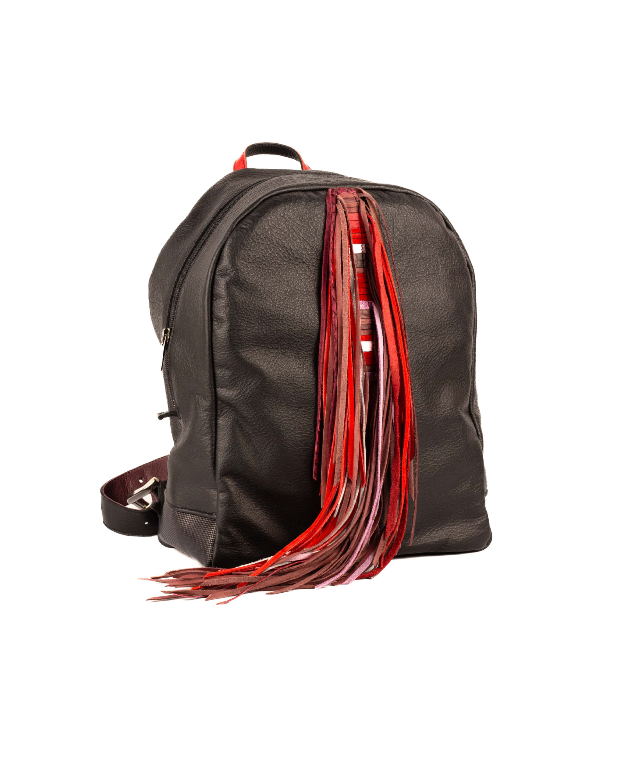 Rucsac de piele cu franjuri boho, negru/vișiniu/rosu