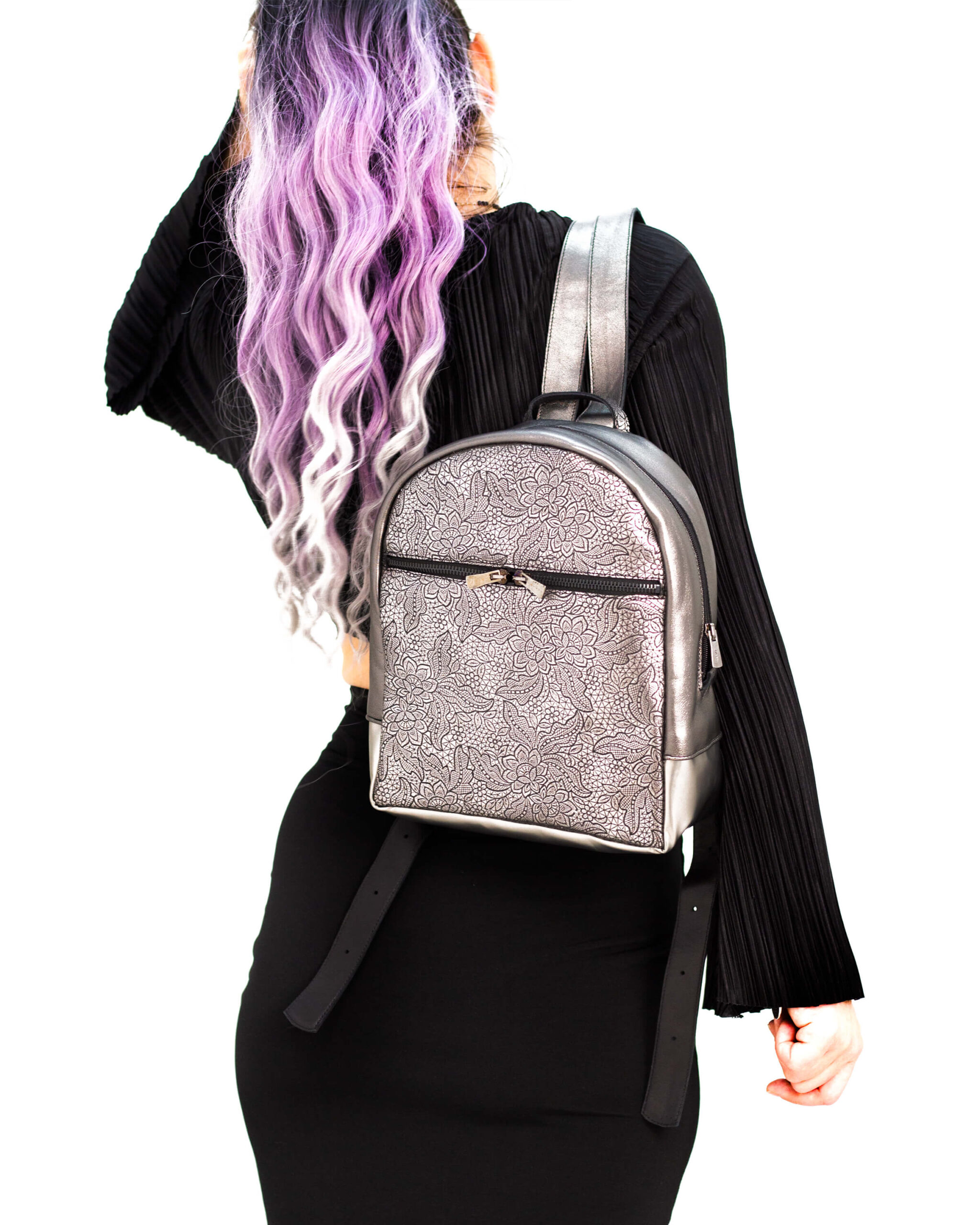 Rucsac de piele cu imprimeu floral gri, platinum