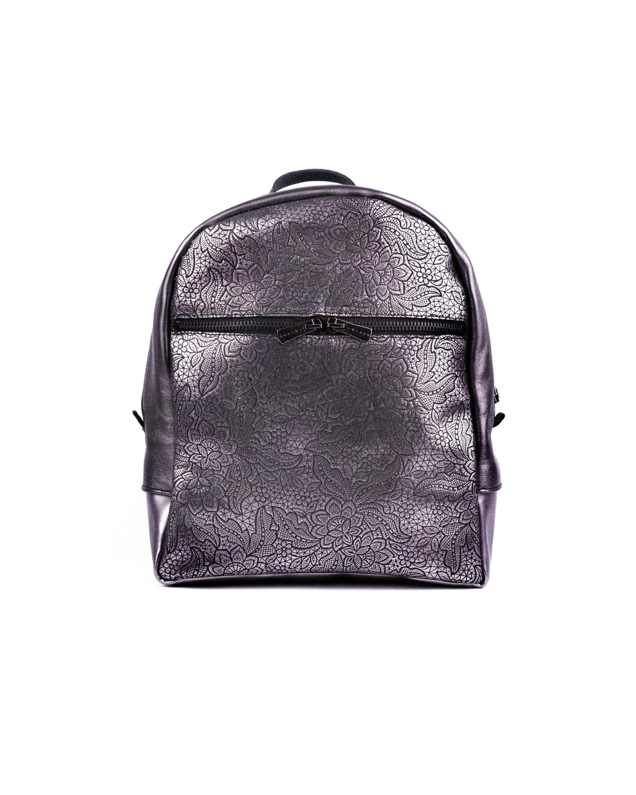 Rucsac de piele cu imprimeu floral gri, platinum