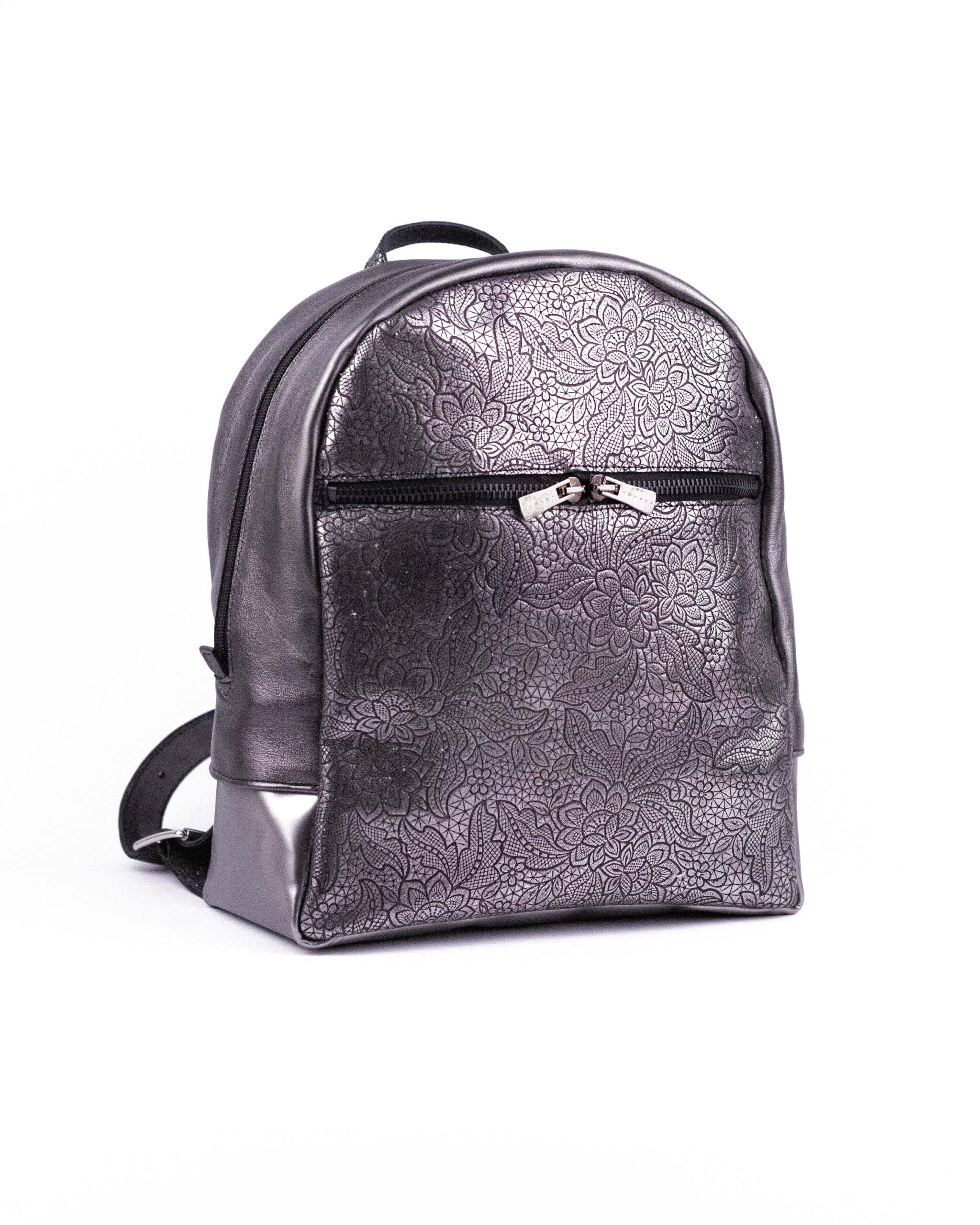 Rucsac de piele cu imprimeu floral gri, platinum