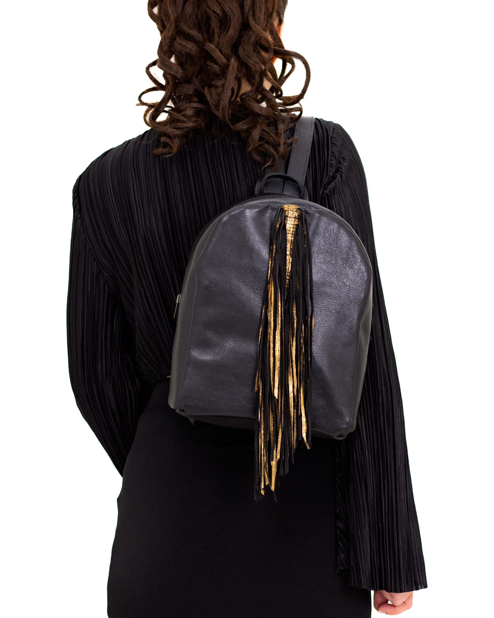 Rucsac de piele cu franjuri Negru/Auriu