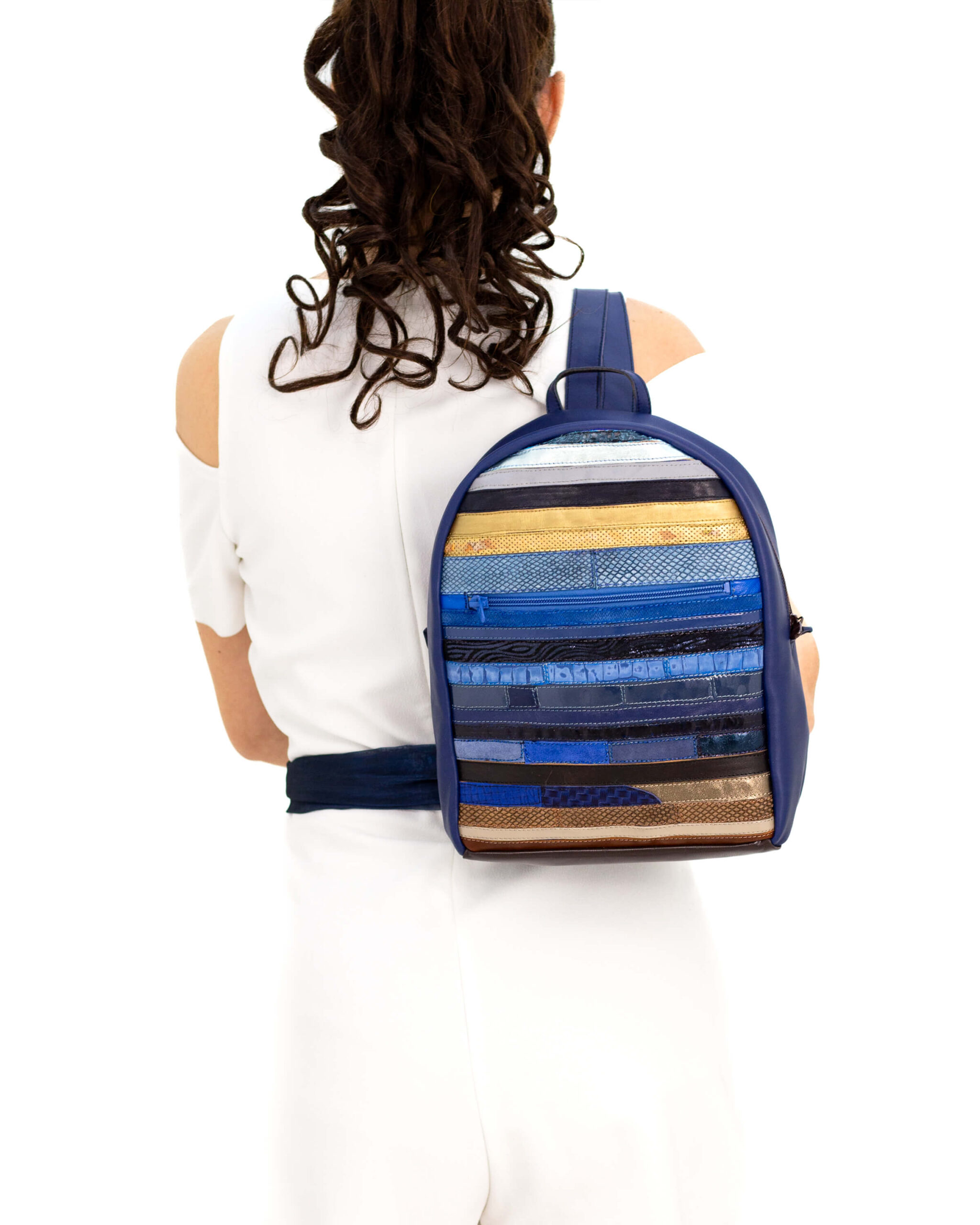 Rucsac de piele naturală de damă multicolor albastru/maro